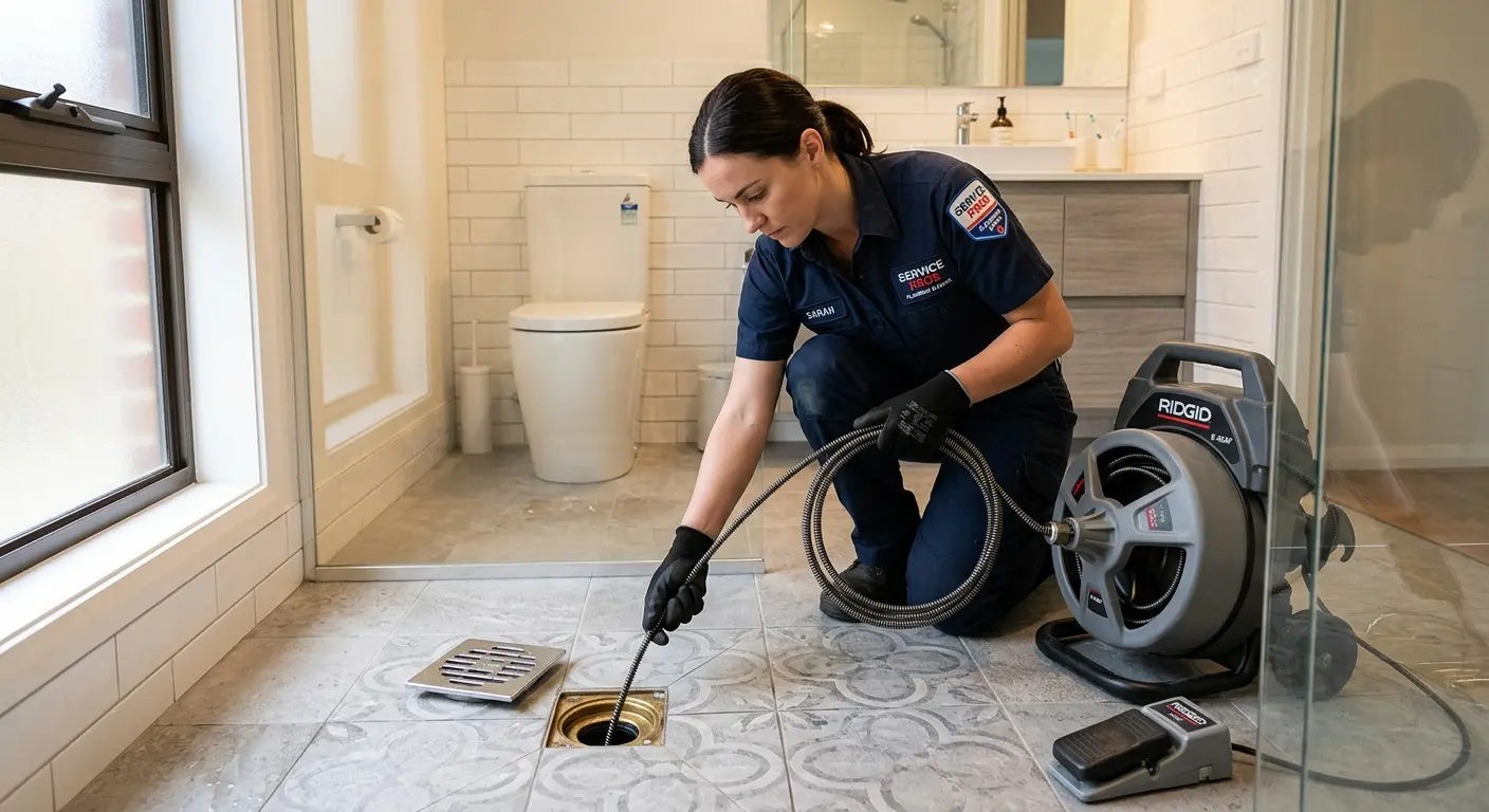 Technician clearing a bathroom floor drain for Drain Repair in Cicero